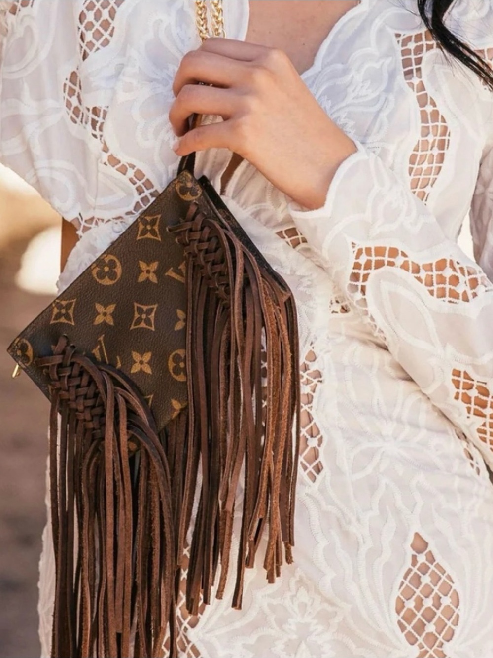Louis Vuitton Brown Monogram Fringe Wristlet with Braided Leather Detail